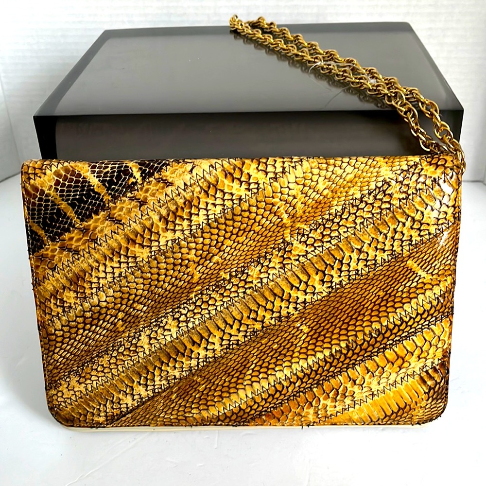 Marle Vintage Tan & Brown Snake Skin Clutch Shoulder Bag W/ Chain
